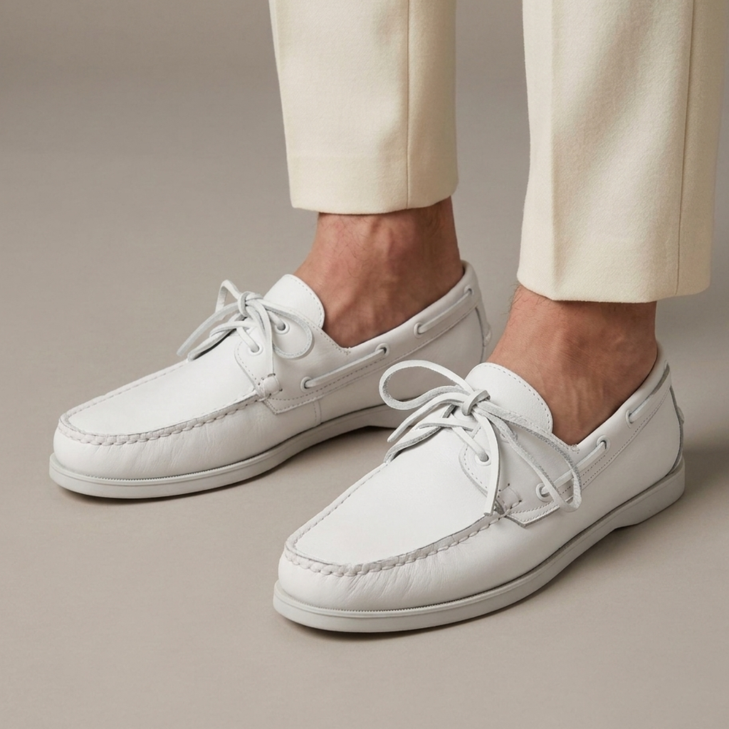 Mocassin Bateau Homme Cuir Véritable à Lacets - Blanc