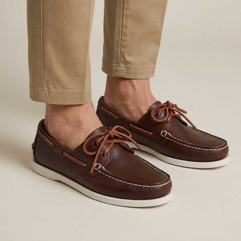 Mocassin Bateau Homme Cuir Véritable à Lacets Image