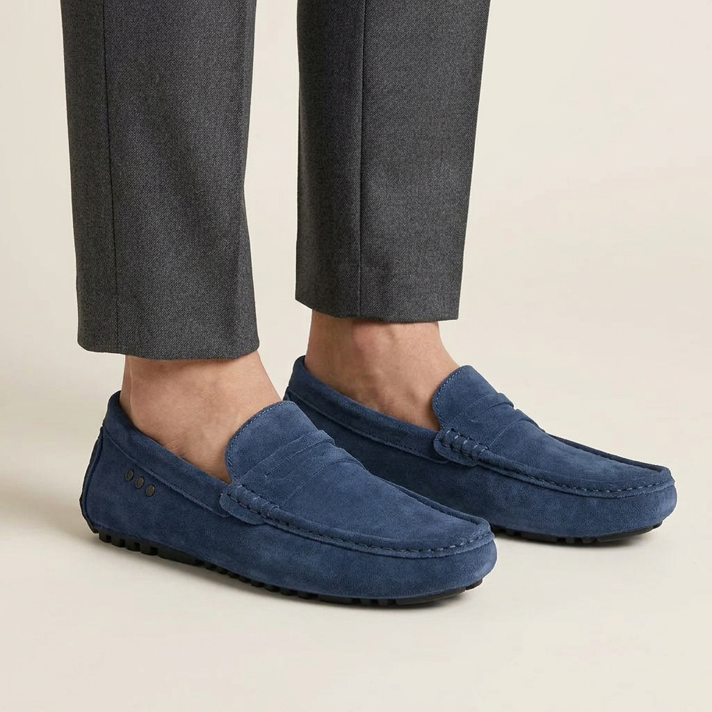 Mocassin Conduite Cuir Suédé à Picots et Bande