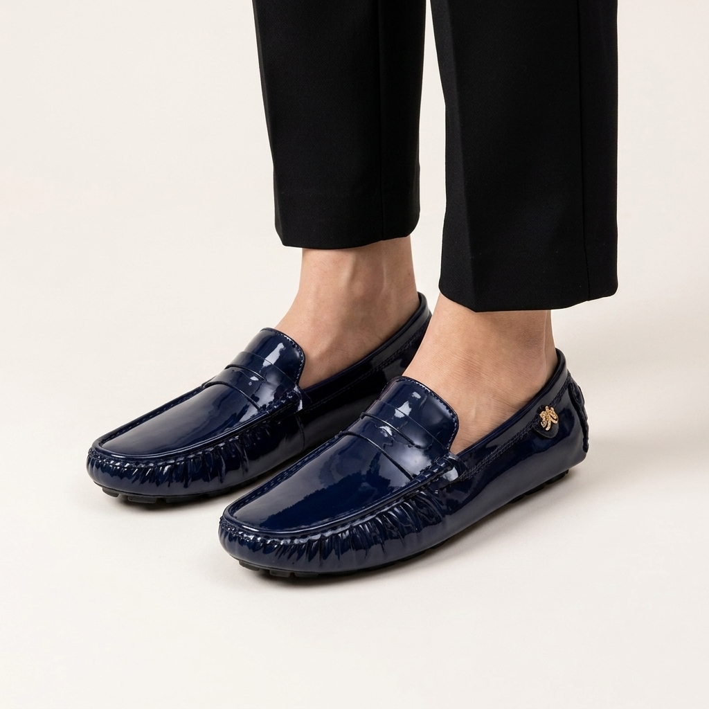Mocassin Femme Cuir Verni Plat Bout Rond