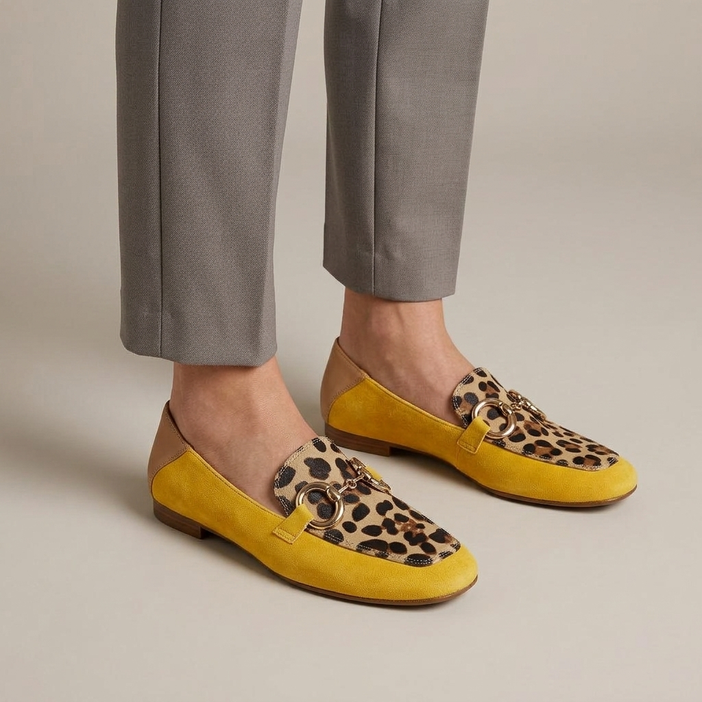 Mocassin Femme Jaune Imprimé Léopard à Boucle Dorée