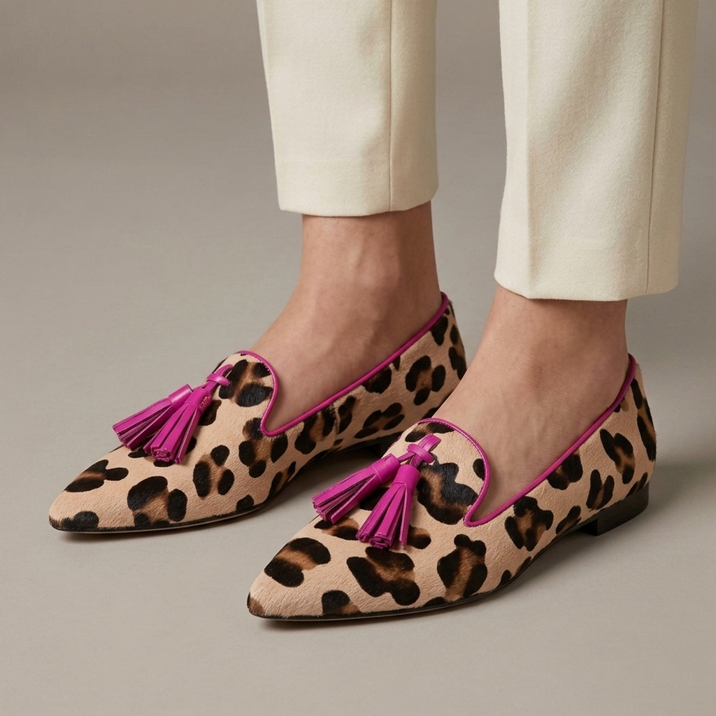Mocassin Femme Léopard à Glands - Rose