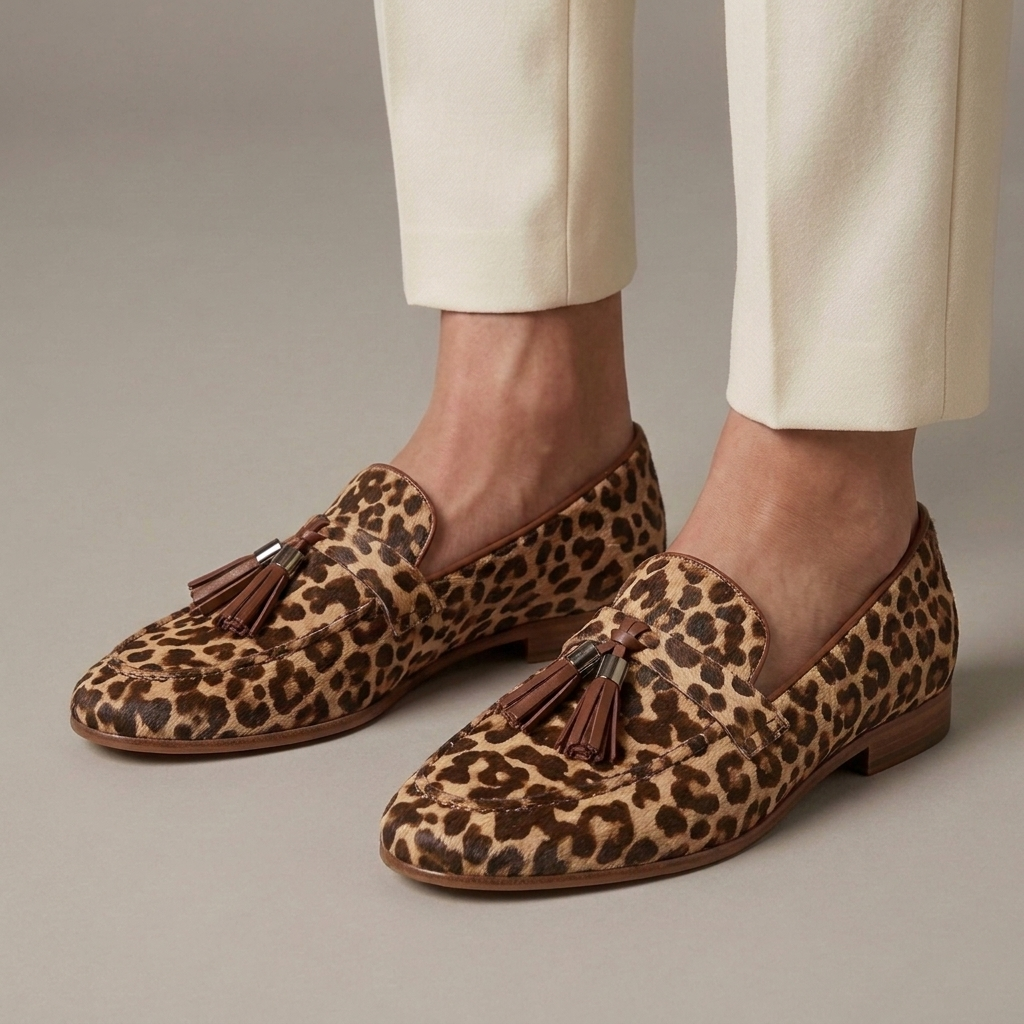 Mocassin Femme Léopard Plat à Glands - Marron