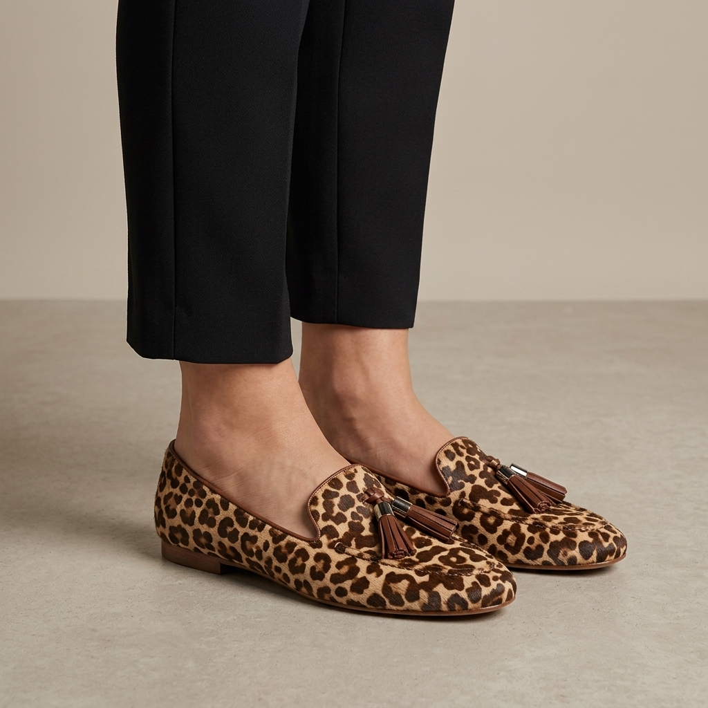 Mocassin Femme Léopard Plat à Glands
