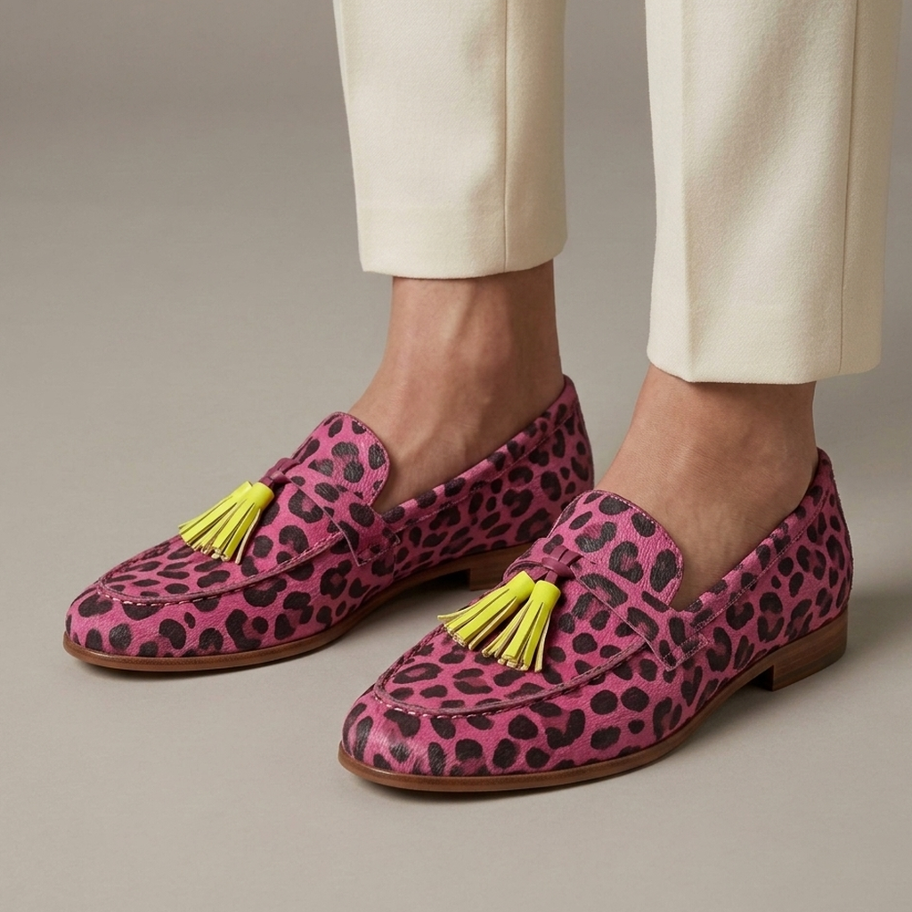 Mocassin Femme Léopard Plat à Glands - Rose