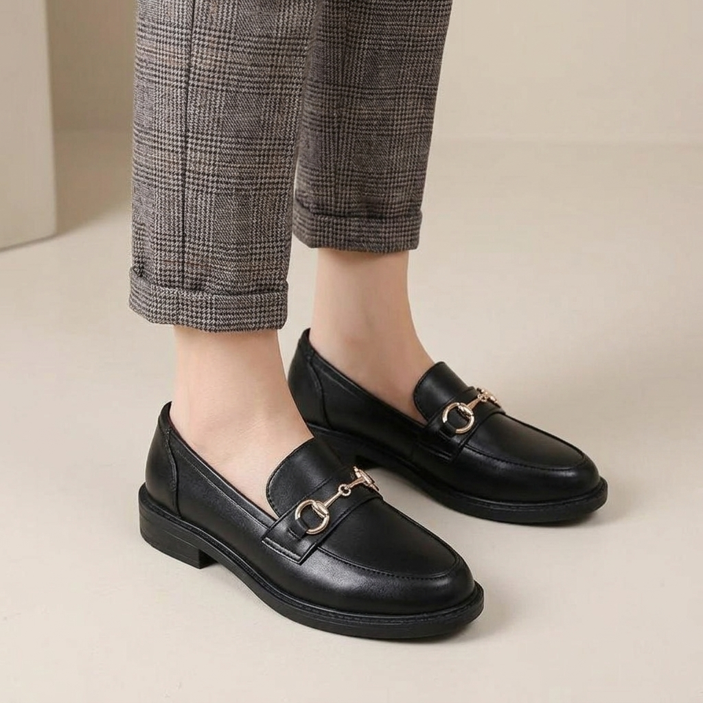 Mocassin Femme Noir Cuir Boucle Métal Talon Carré