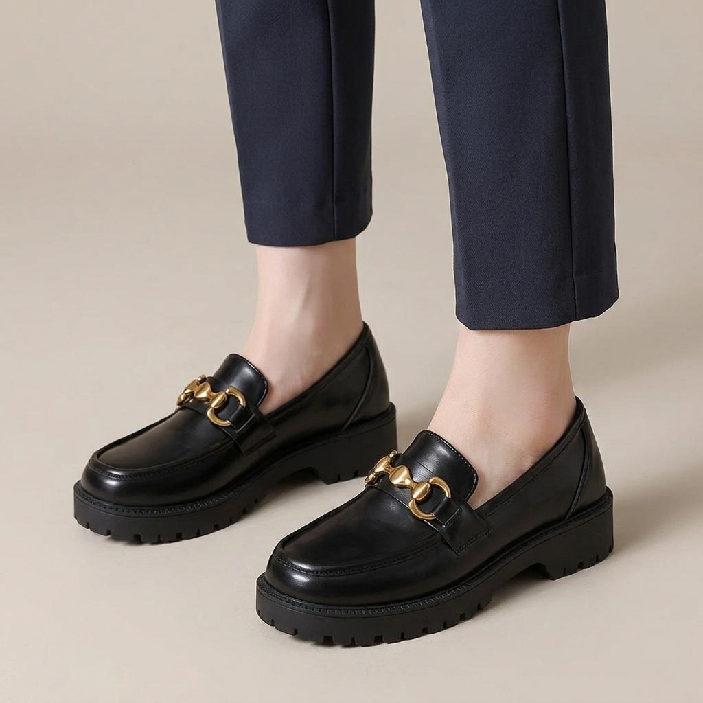 Mocassin Femme Noir Semelle Épaisse à Chaîne Dorée