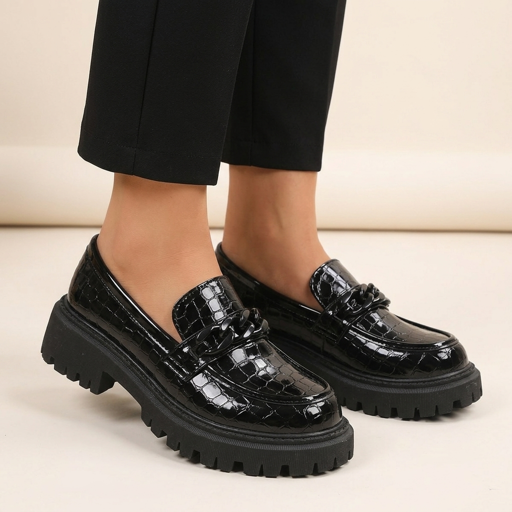 Mocassin Femme Noir Verni Effet Croco