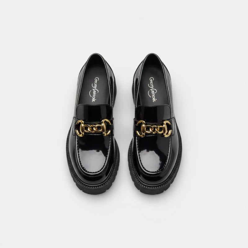 Mocassin femme plateforme noir – détail de la finition