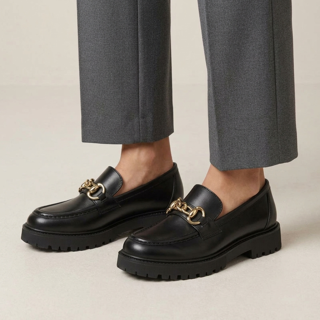 Mocassin Femme Plateforme Cuir Verni à Chaînette Dorée