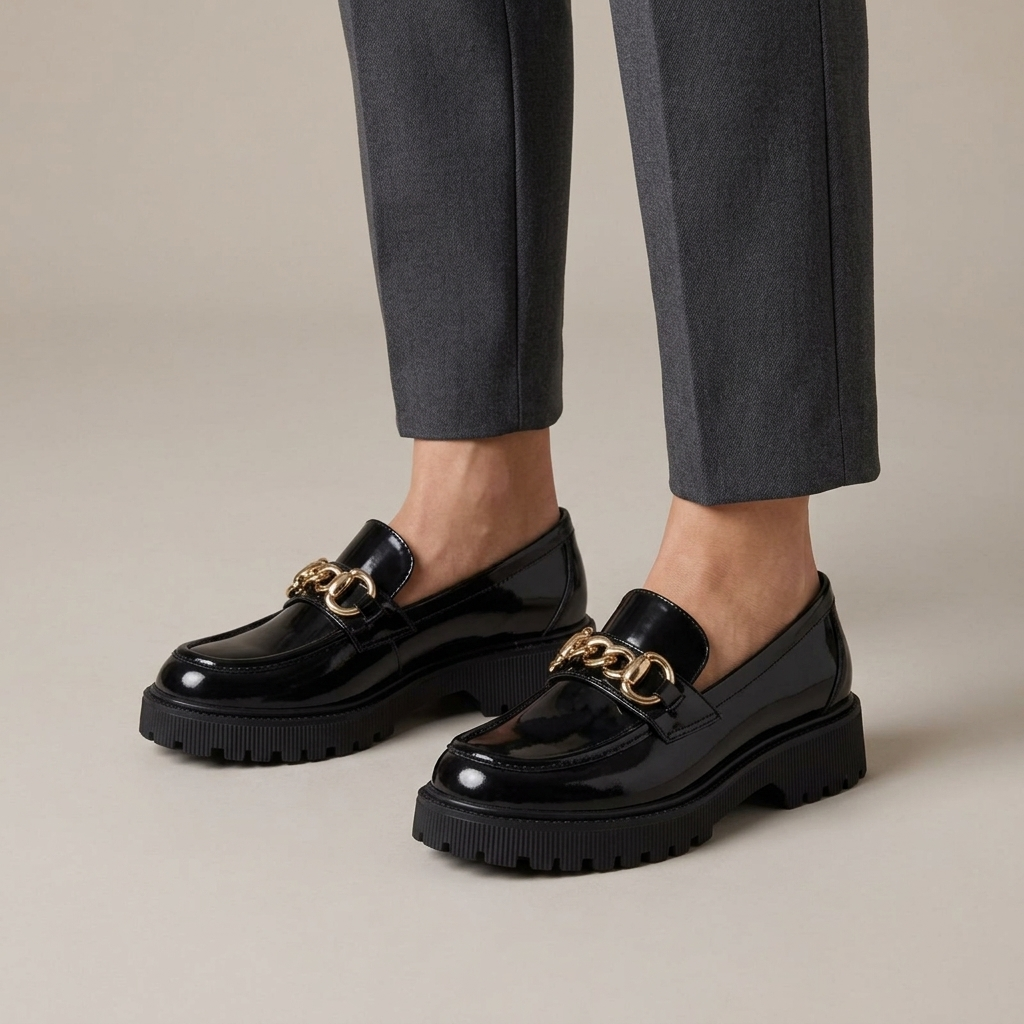 Mocassin Femme Plateforme Talon Carré Cuir Verni à Chaînette