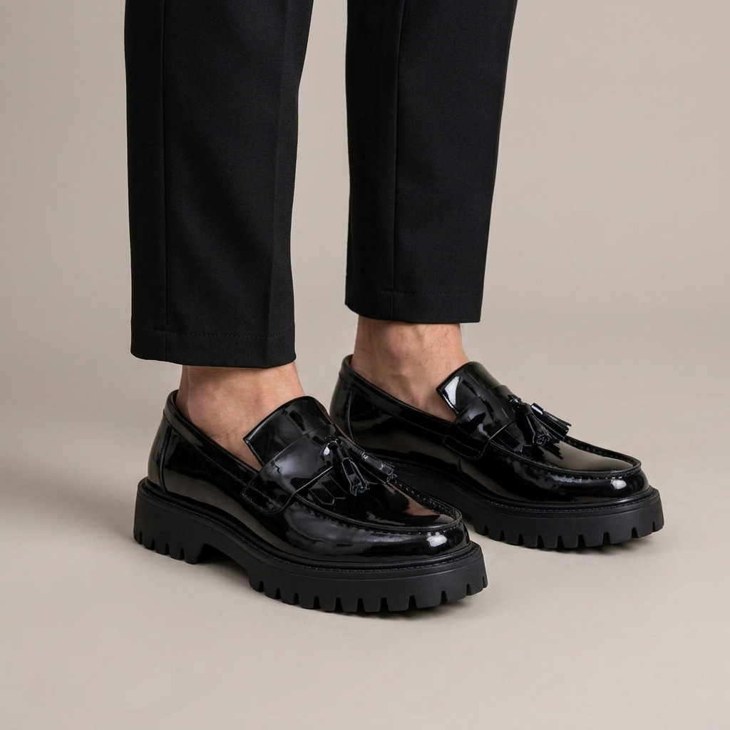 Mocassin Homme Compensé Cuir Verni Imperméable