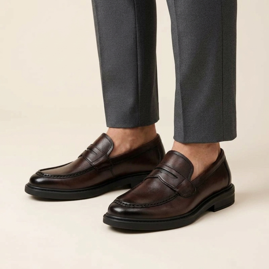 Mocassin Homme Cuir Verni Vintage à Talon