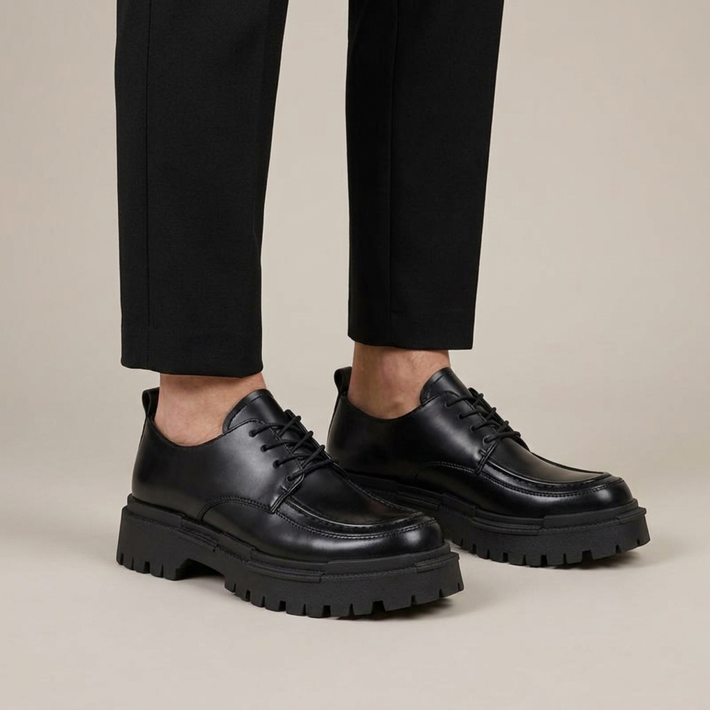 Mocassin Homme Derby Compensé Cuir Semelle Épaisse à Lacets