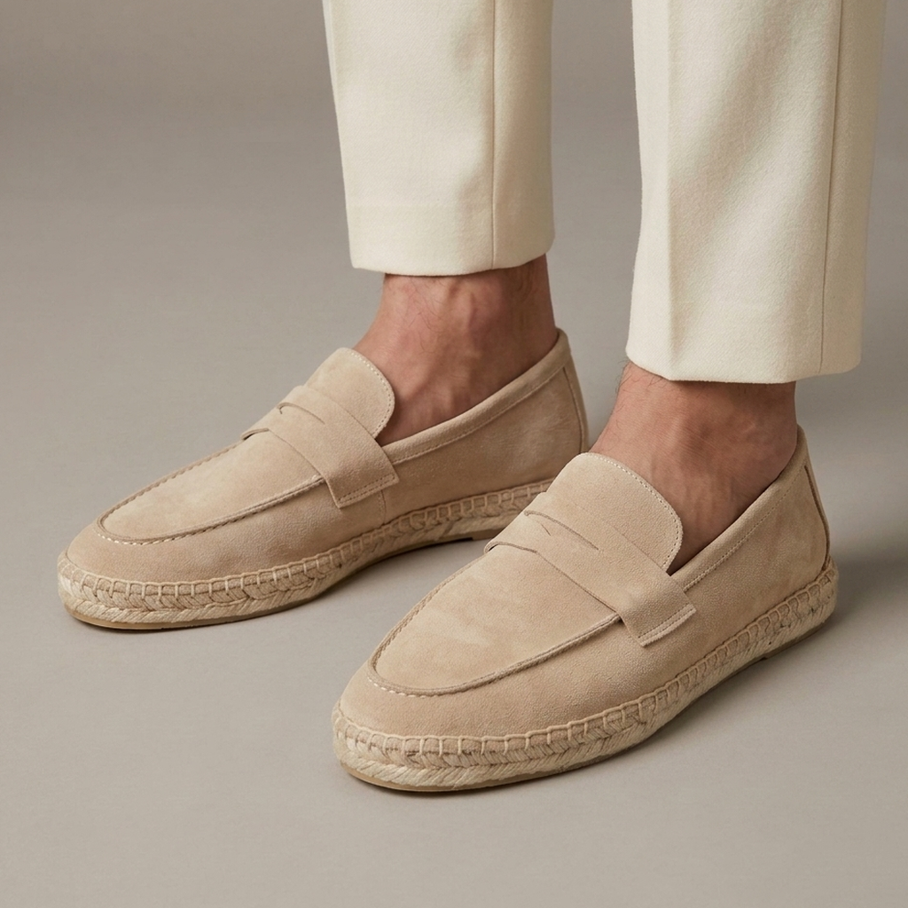 Mocassin Homme Penny Loafer Daim Bordure Jute Tressé - Beige