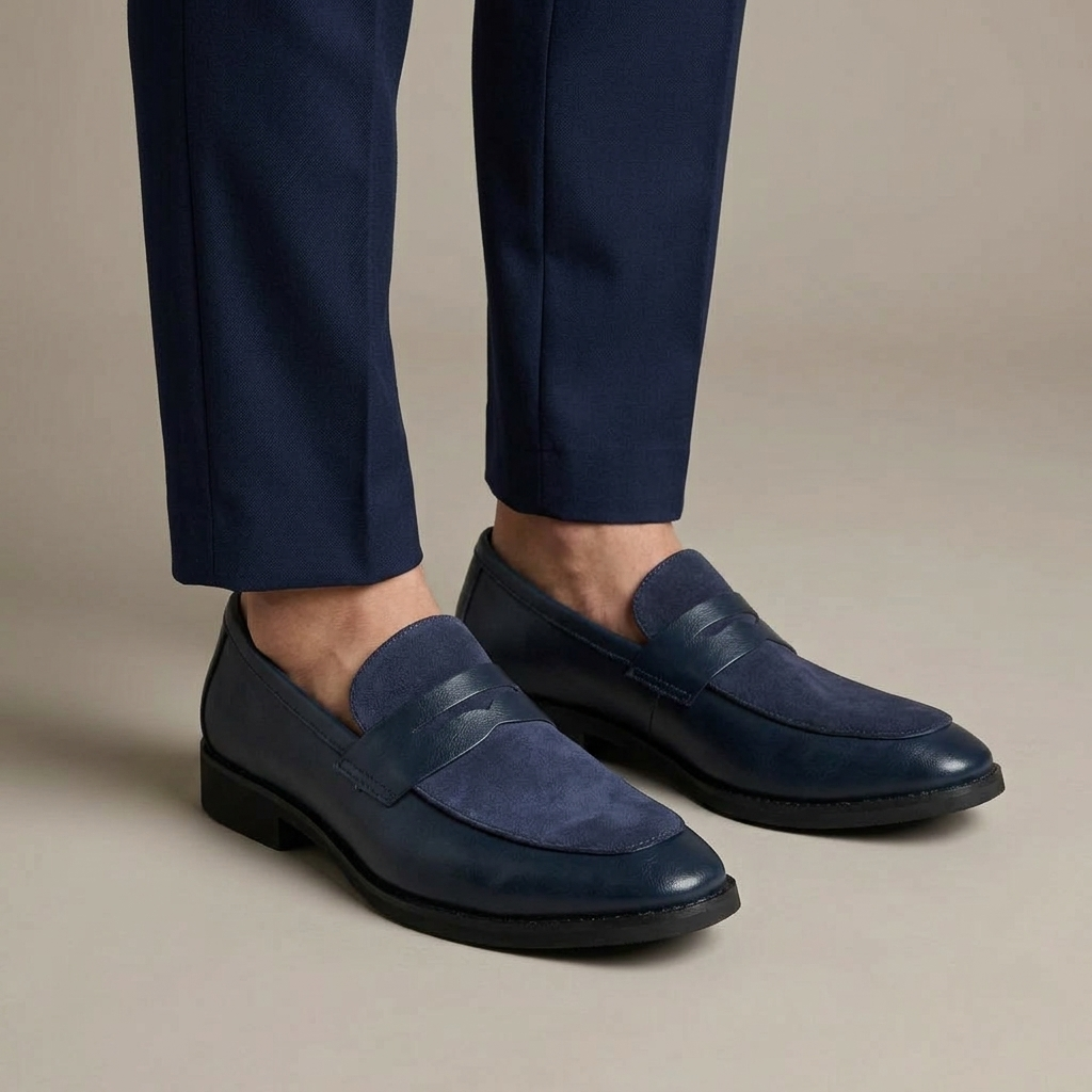Mocassin Homme Penny Loafer Cuir et Velours à Talon