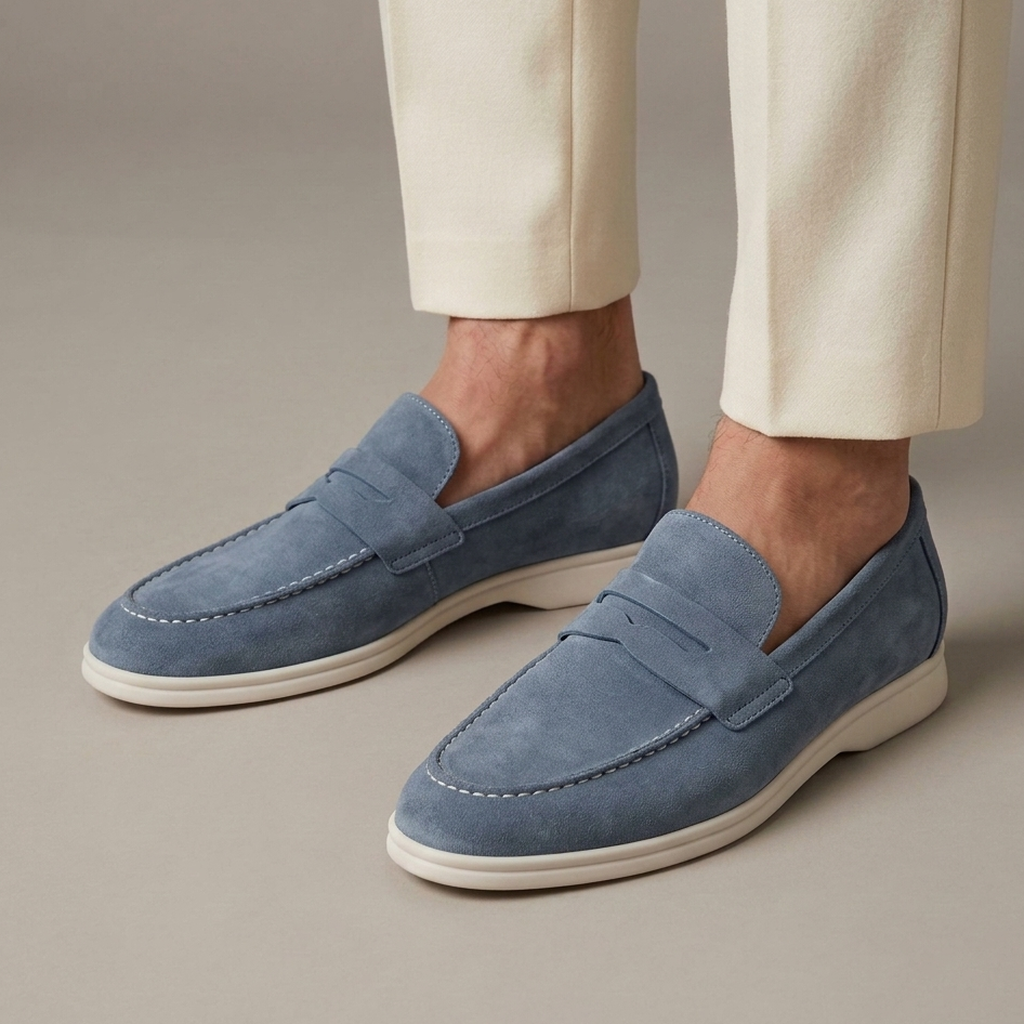 Mocassin Homme Penny Loafer Daim Semelle Contrastée - Bleu