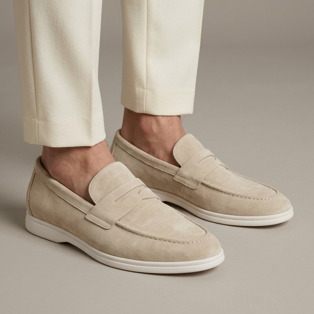 Mocassin Homme Penny Loafer Daim Semelle Contrastée - Ivoire