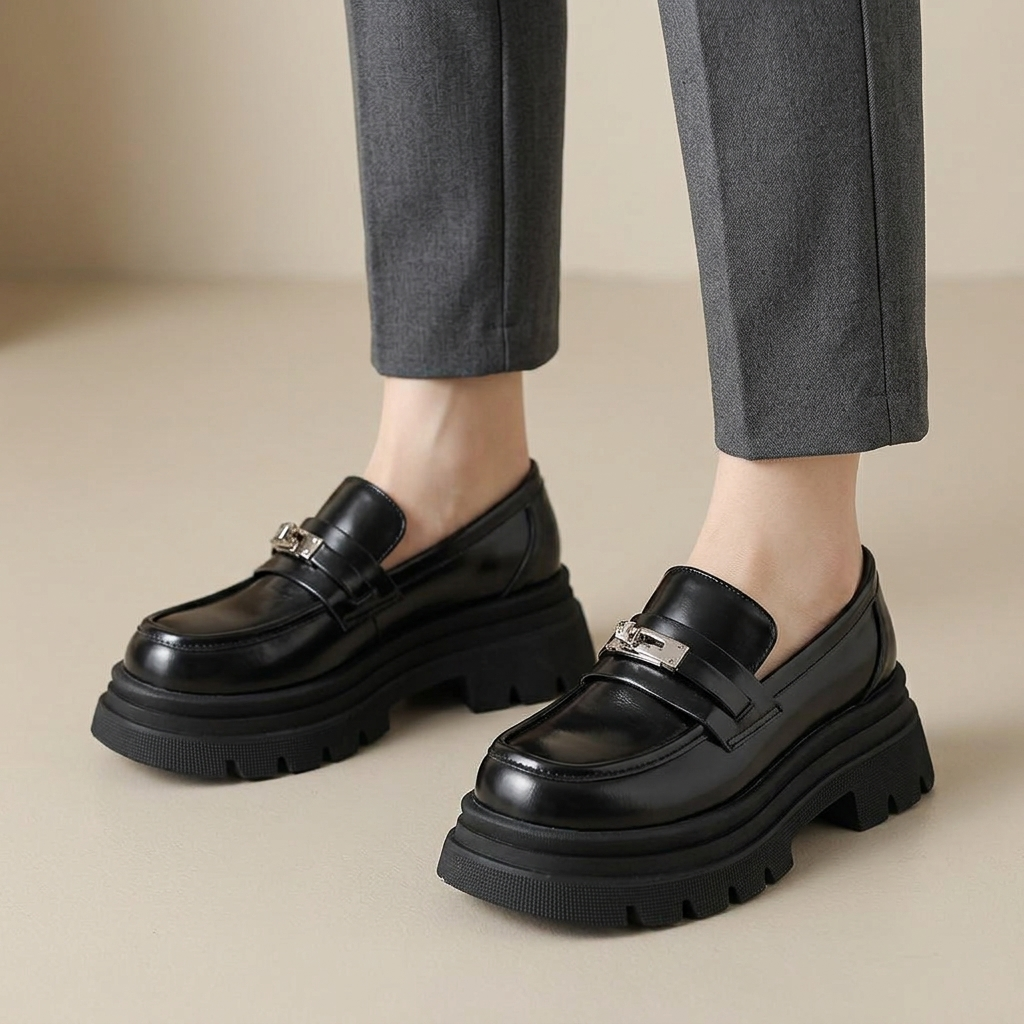 Mocassin Noir Cuir Verni à Semelle Épaisse et Fermoir