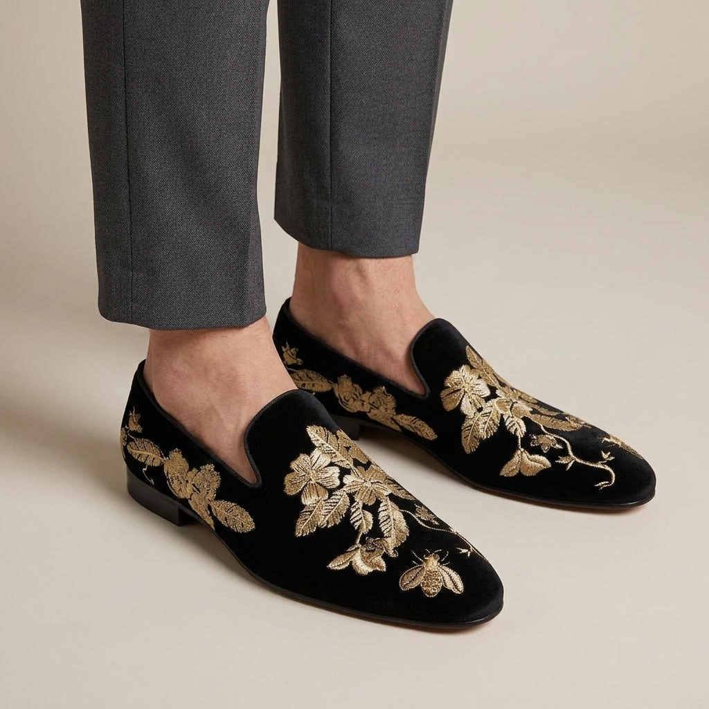 Mocassin Velours Noir à Broderie Florale Dorée