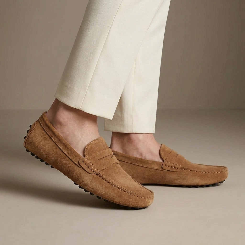 Mocassin Homme Daim Souple Camel porté, pantalon crème