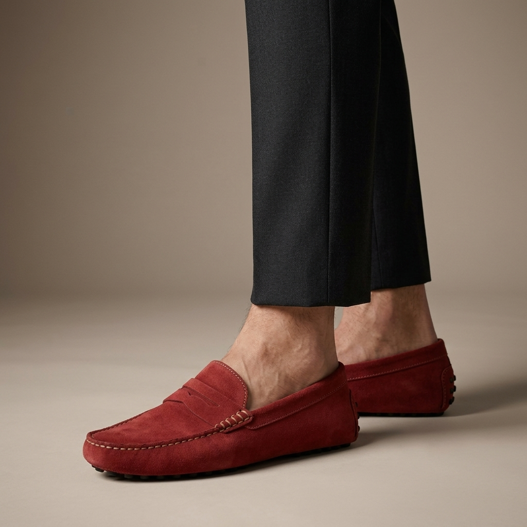 Mocassin Homme Daim Souple Rouge porté, pantalon anthracite