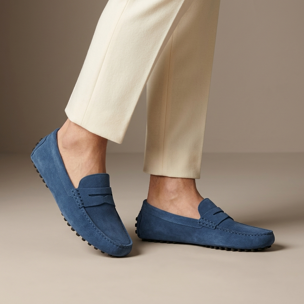 Mocassin Homme Daim Souple Bleu porté, pantalon crème