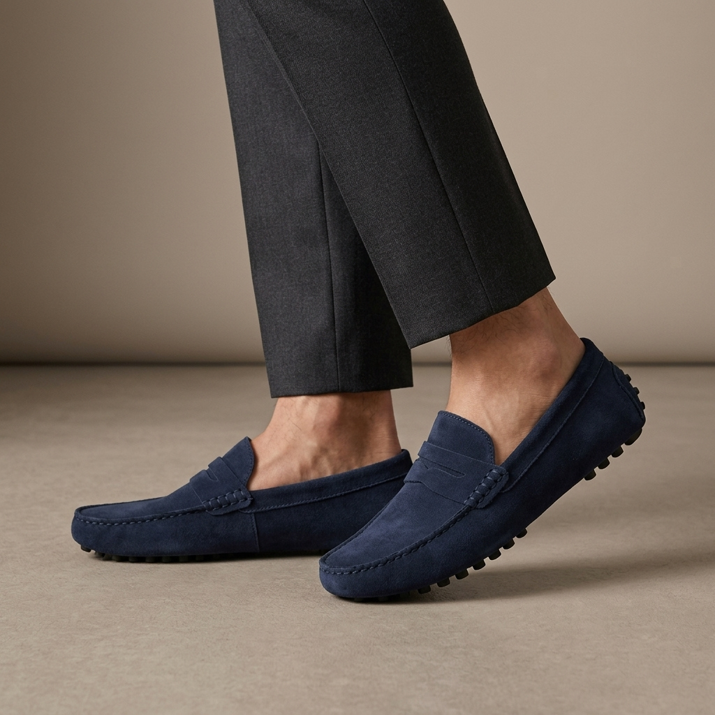 Mocassin Homme Daim Souple Bleu marine porté, pantalon anthracite