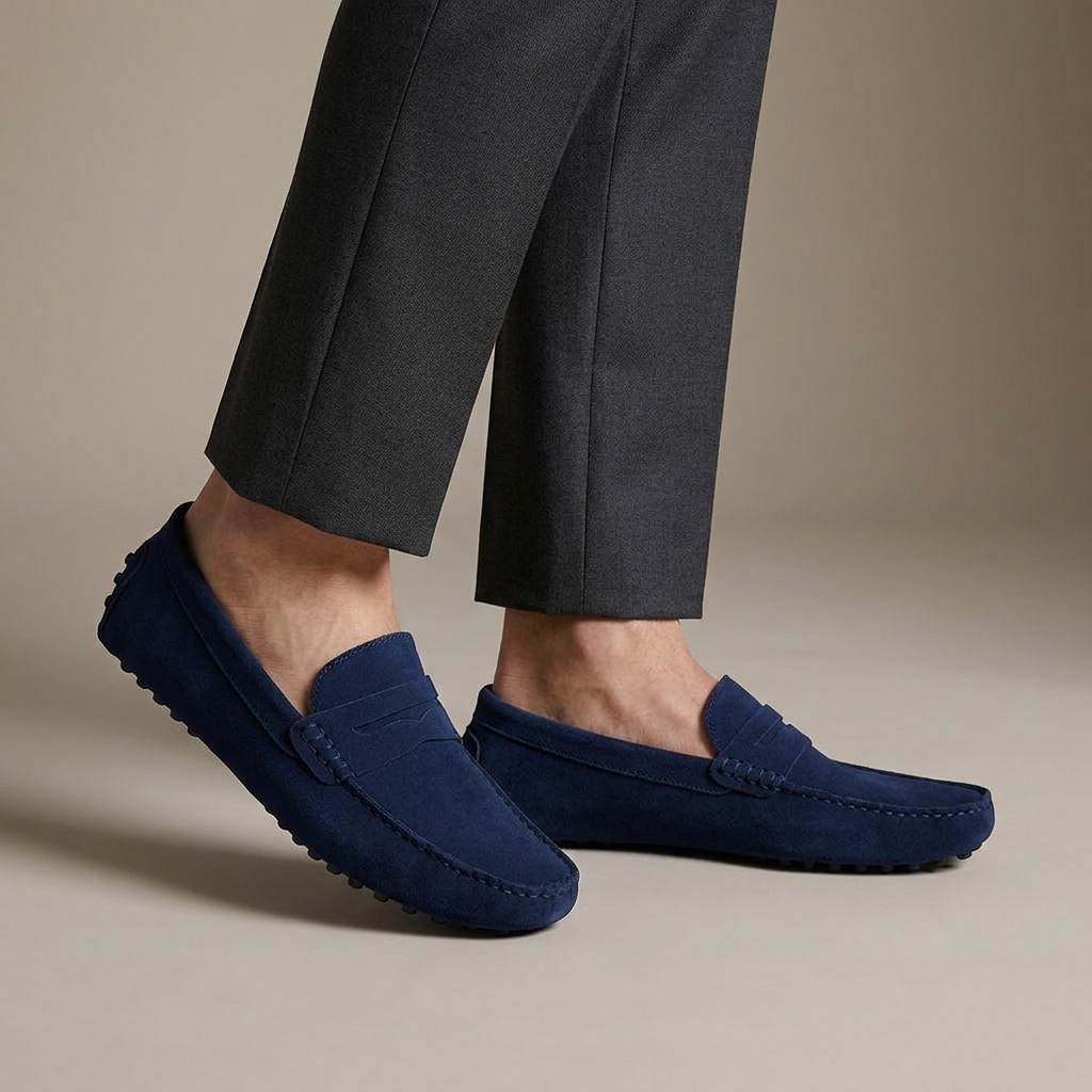 Mocassin Homme Daim Souple Bleu marine porté, pantalon anthracite