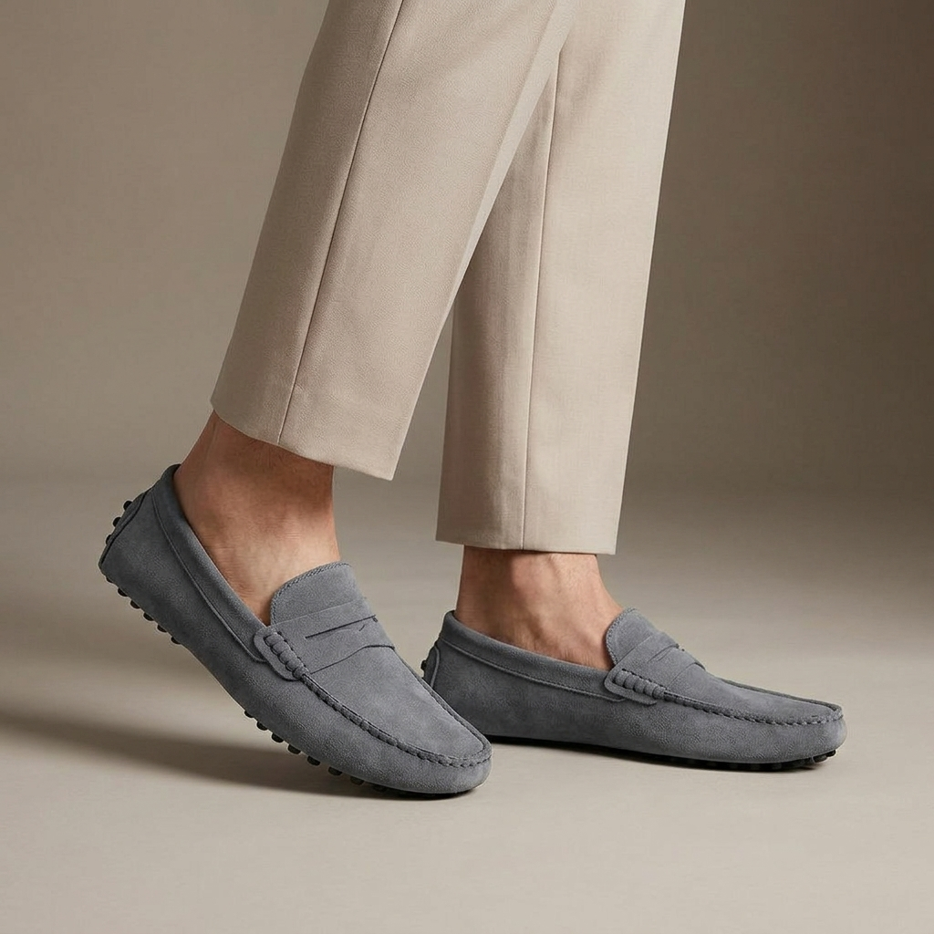 Mocassin Homme Daim Souple Gris porté, pantalon crème