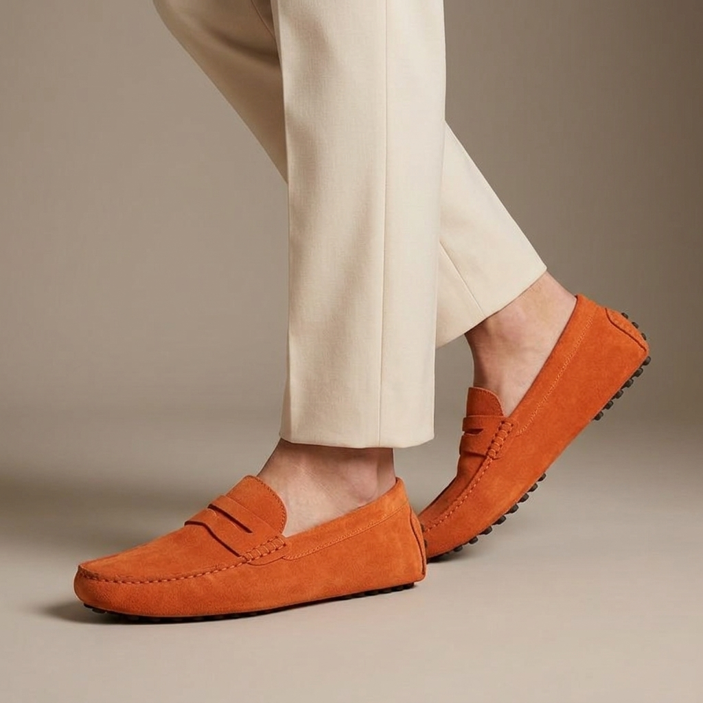 Mocassin Homme Daim Souple Orange porté, pantalon crème