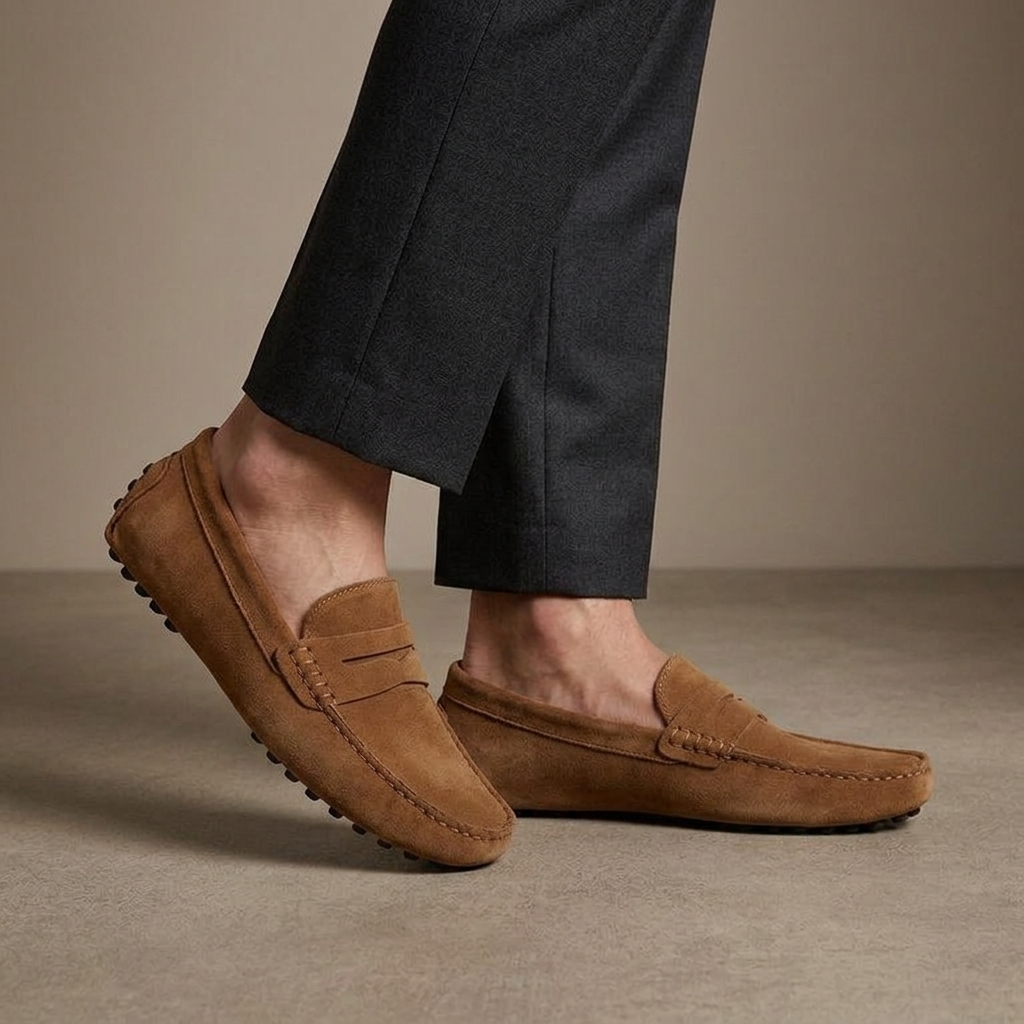 Mocassin Homme Daim Souple Marron porté, pantalon anthracite