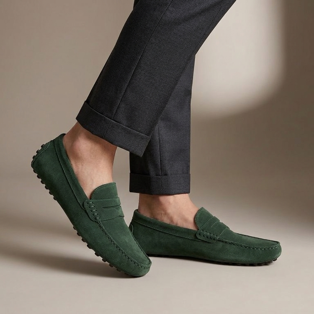 Mocassin Homme Daim Souple Vert porté, pantalon anthracite