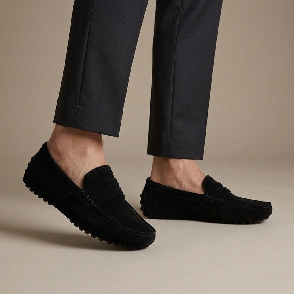 Mocassin Homme Daim Souple Noir porté, pantalon anthracite