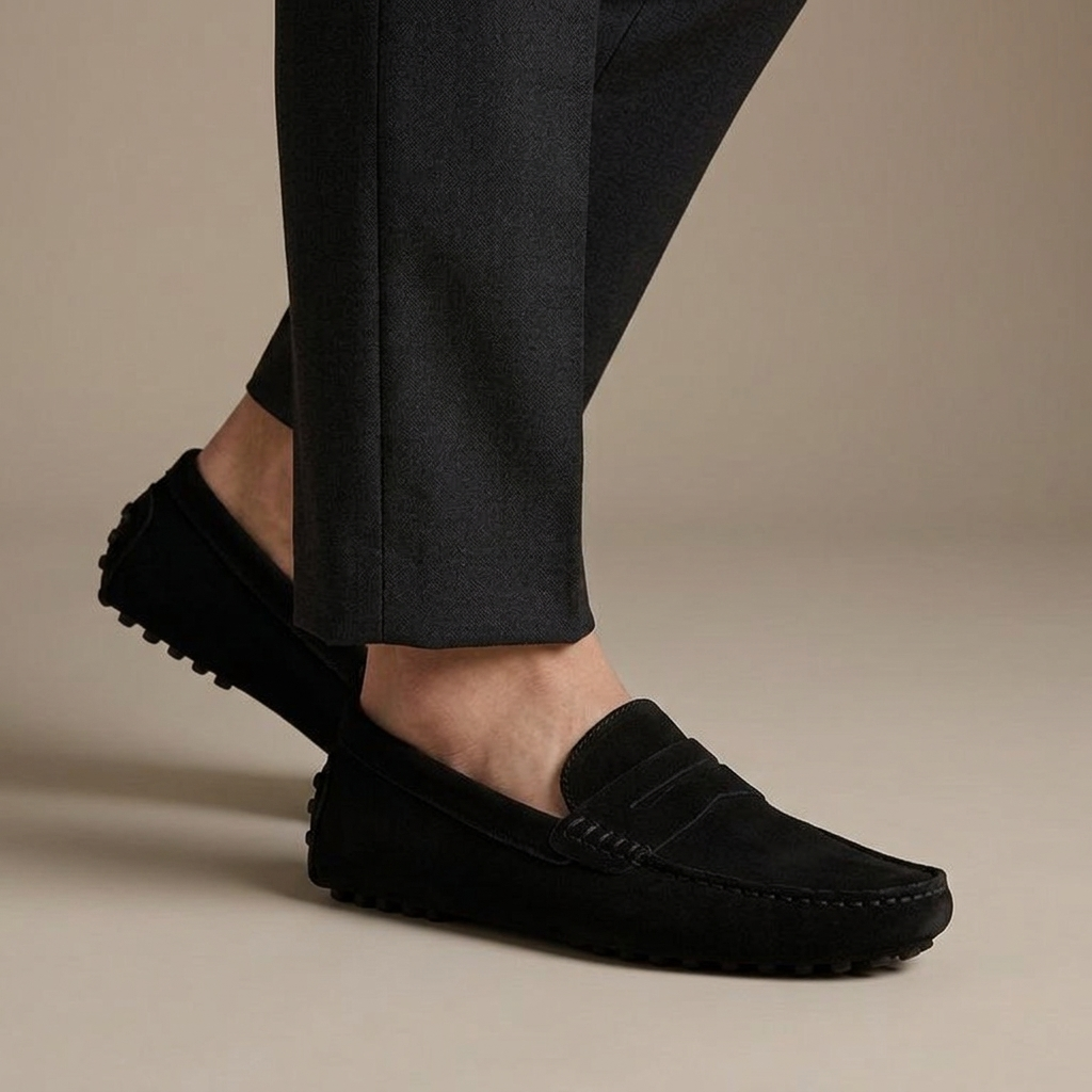 Mocassin Homme Daim Souple Noir porté, pantalon anthracite