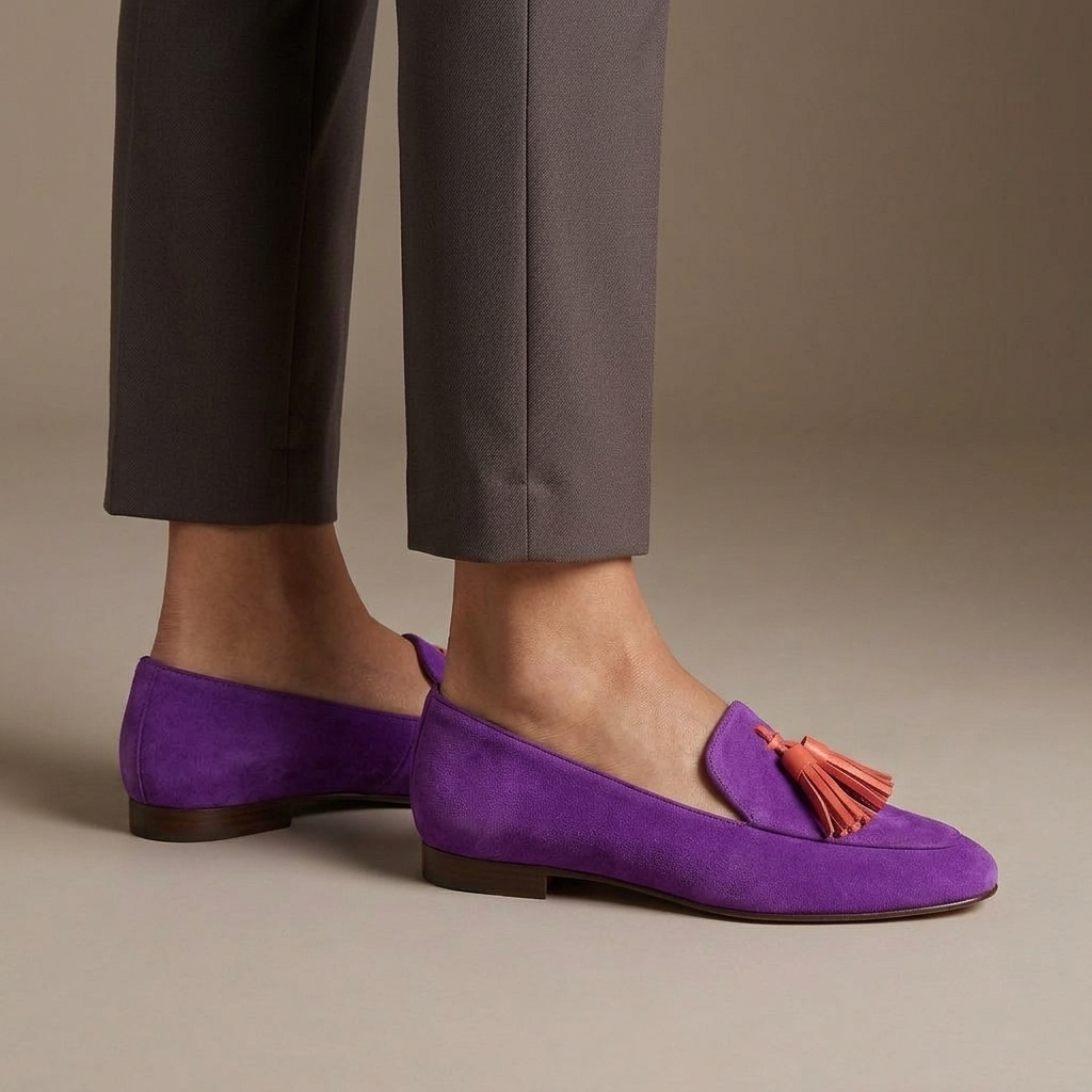 Mocassin Femme Daim à Glands Violet porté, pantalon anthracite