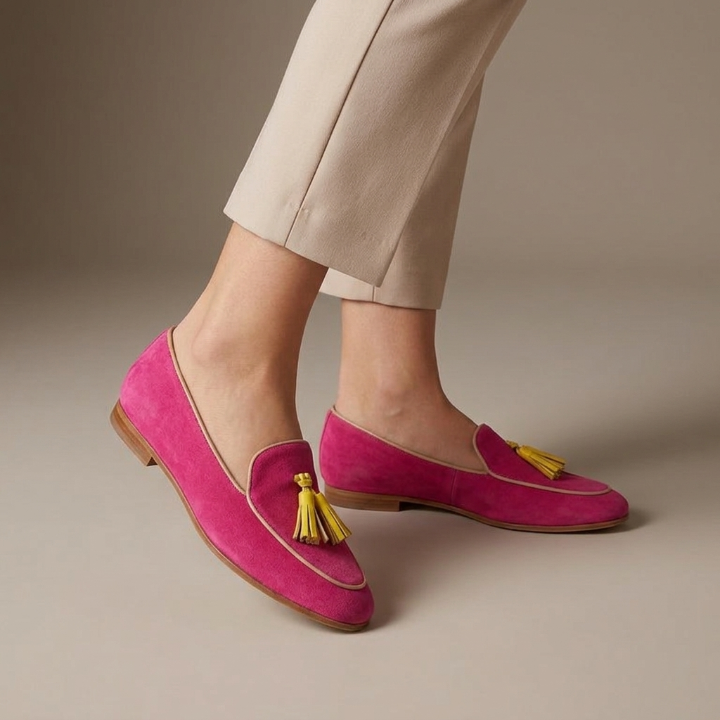 Mocassin Femme Daim à Glands Rose porté, pantalon crème