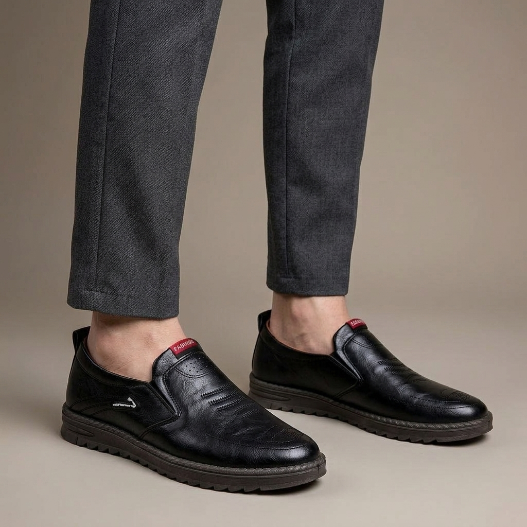 Mocassin Homme Cuir Semelle Épaisse Noir porté, pantalon anthracite