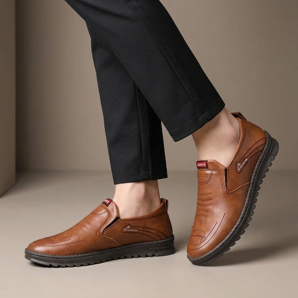 Mocassin Homme Cuir Semelle Épaisse Marron porté, pantalon anthracite