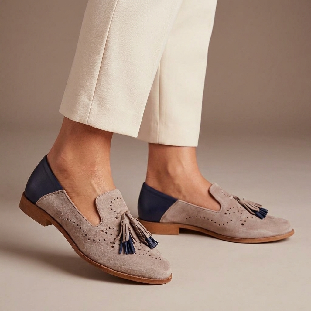 Mocassin Femme Cuir Rose et Bleu à Glands porté, pantalon crème