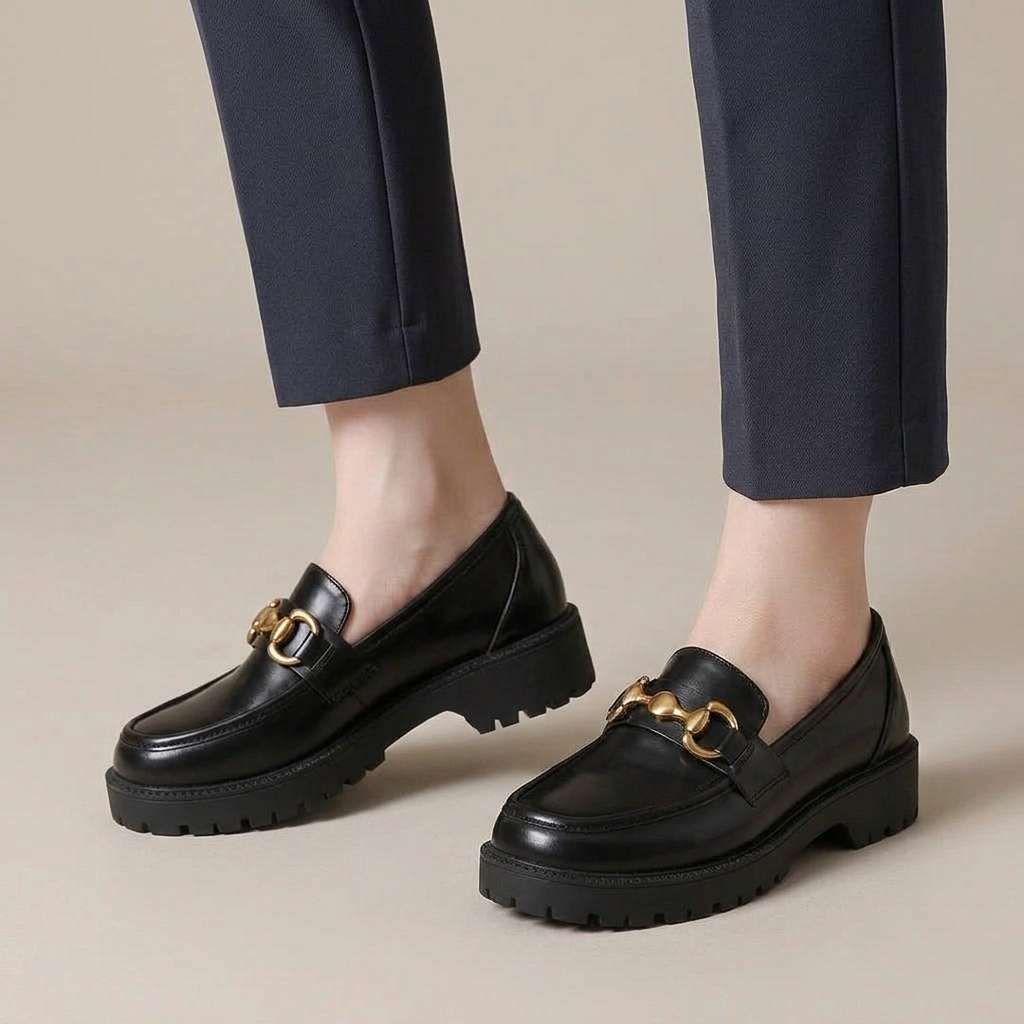 Mocassin Femme Noir Semelle Épaisse à Chaîne porté, pantalon anthracite