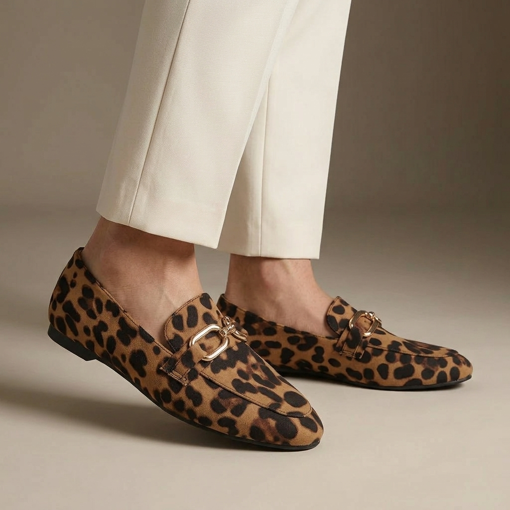 Mocassin Daim Imprimé Léopard à Boucles Dorées porté, pantalon crème