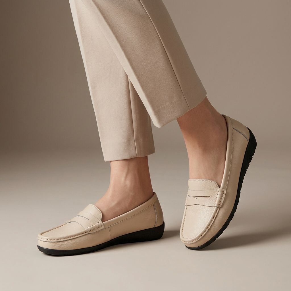 Mocassin Femme Cuir à Enfiler Beige porté, pantalon crème