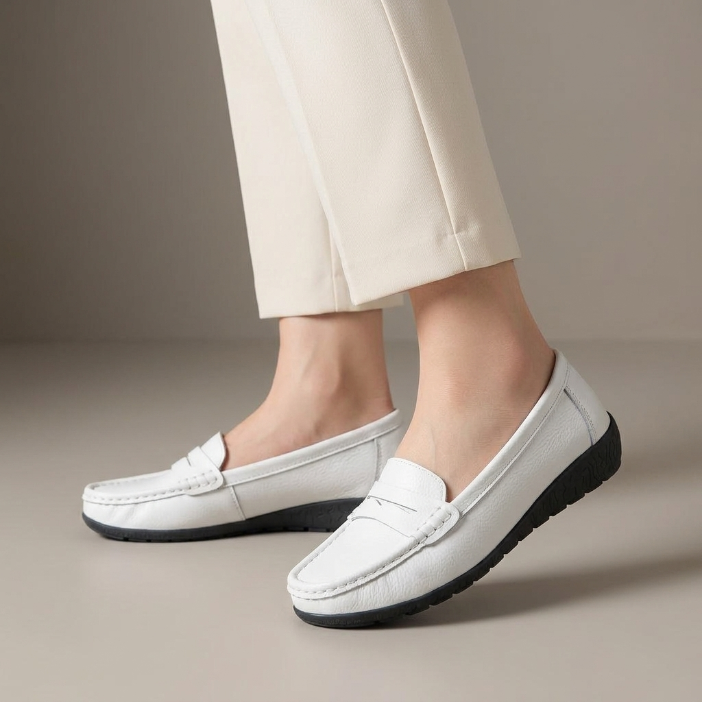 Mocassin Femme Cuir à Enfiler Blanc porté, pantalon crème