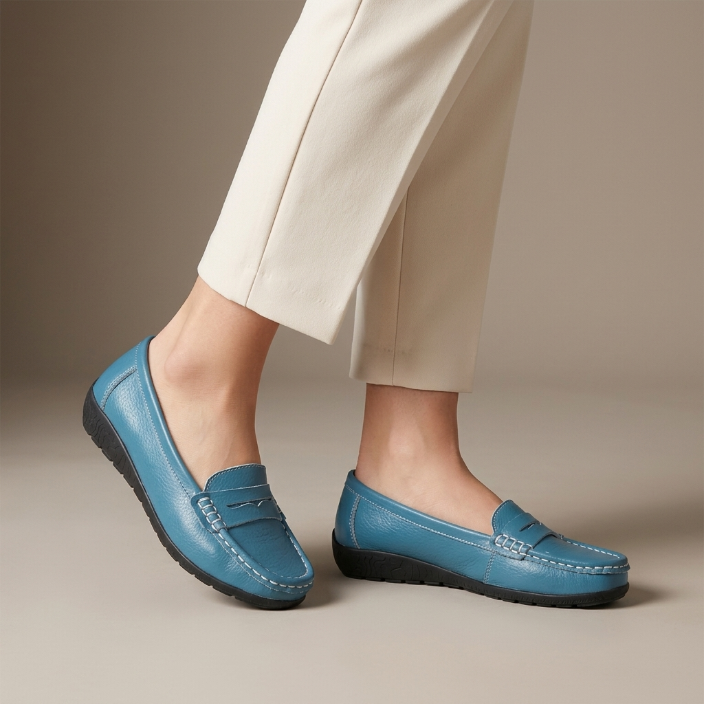 Mocassin Femme Cuir à Enfiler Bleu porté, pantalon crème