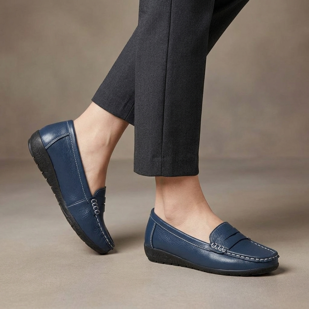 Mocassin Femme Cuir à Enfiler Bleu marine porté, pantalon anthracite