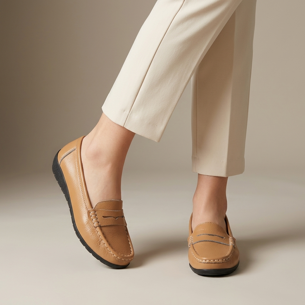 Mocassin Femme Cuir à Enfiler Camel porté, pantalon crème