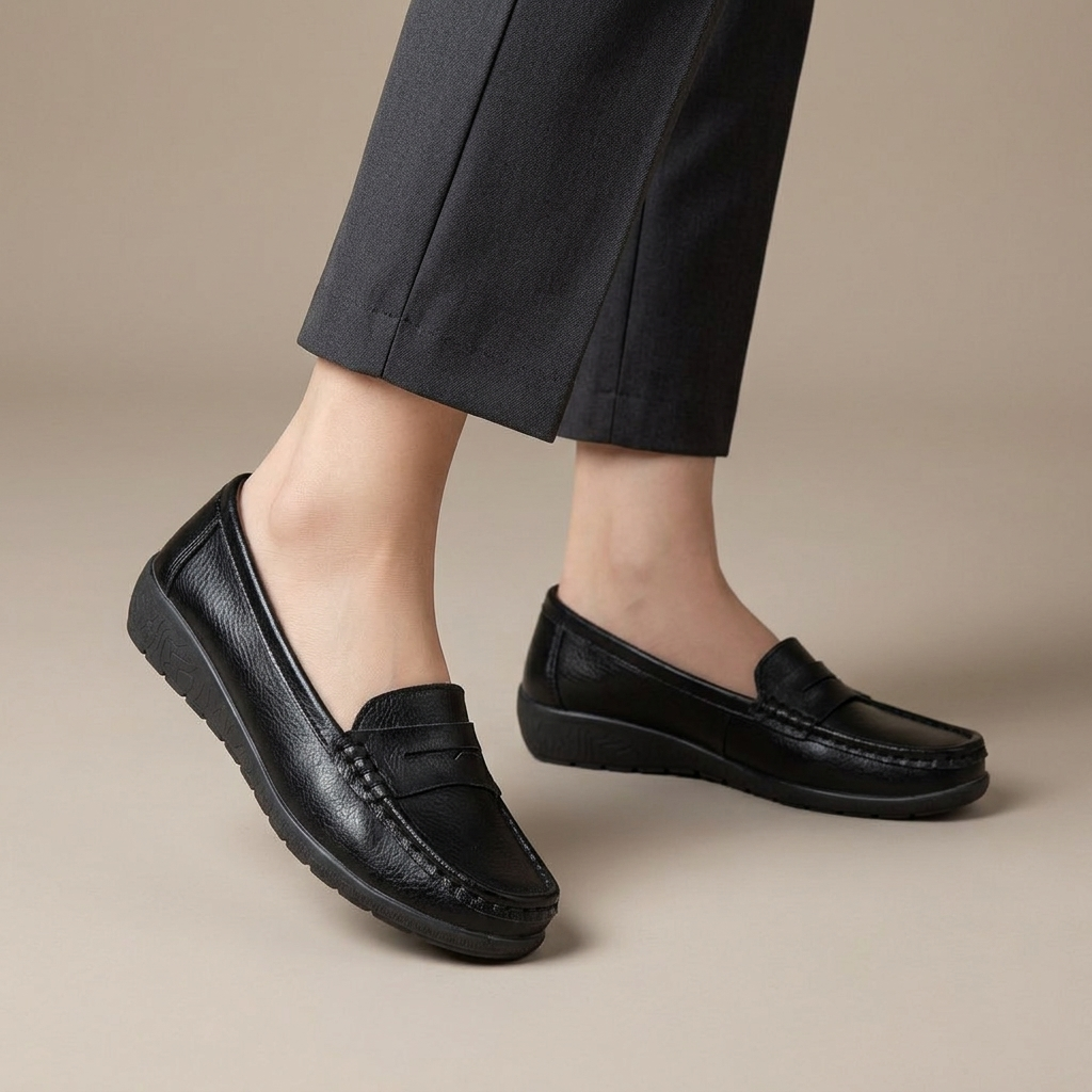 Mocassin Femme Cuir à Enfiler Noir porté, pantalon anthracite