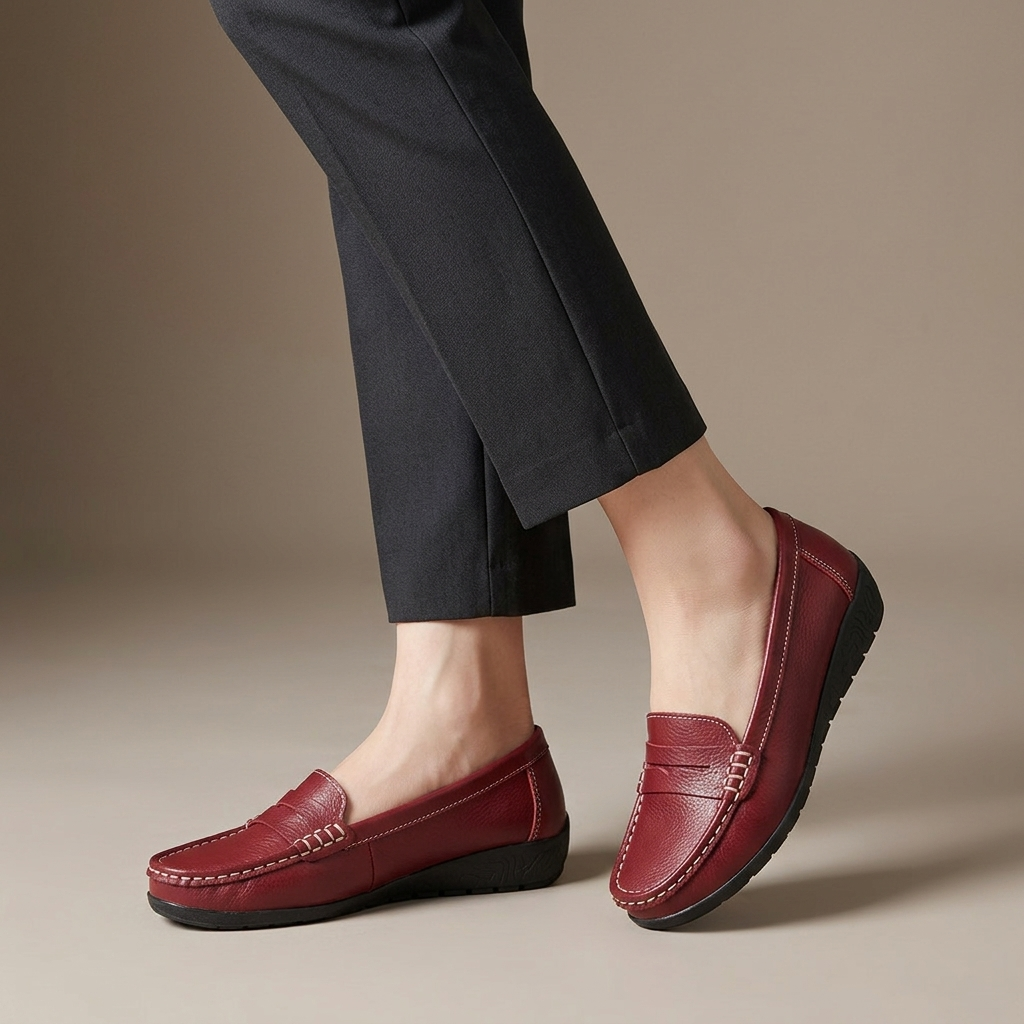 Mocassin Femme Cuir à Enfiler Rouge porté, pantalon anthracite
