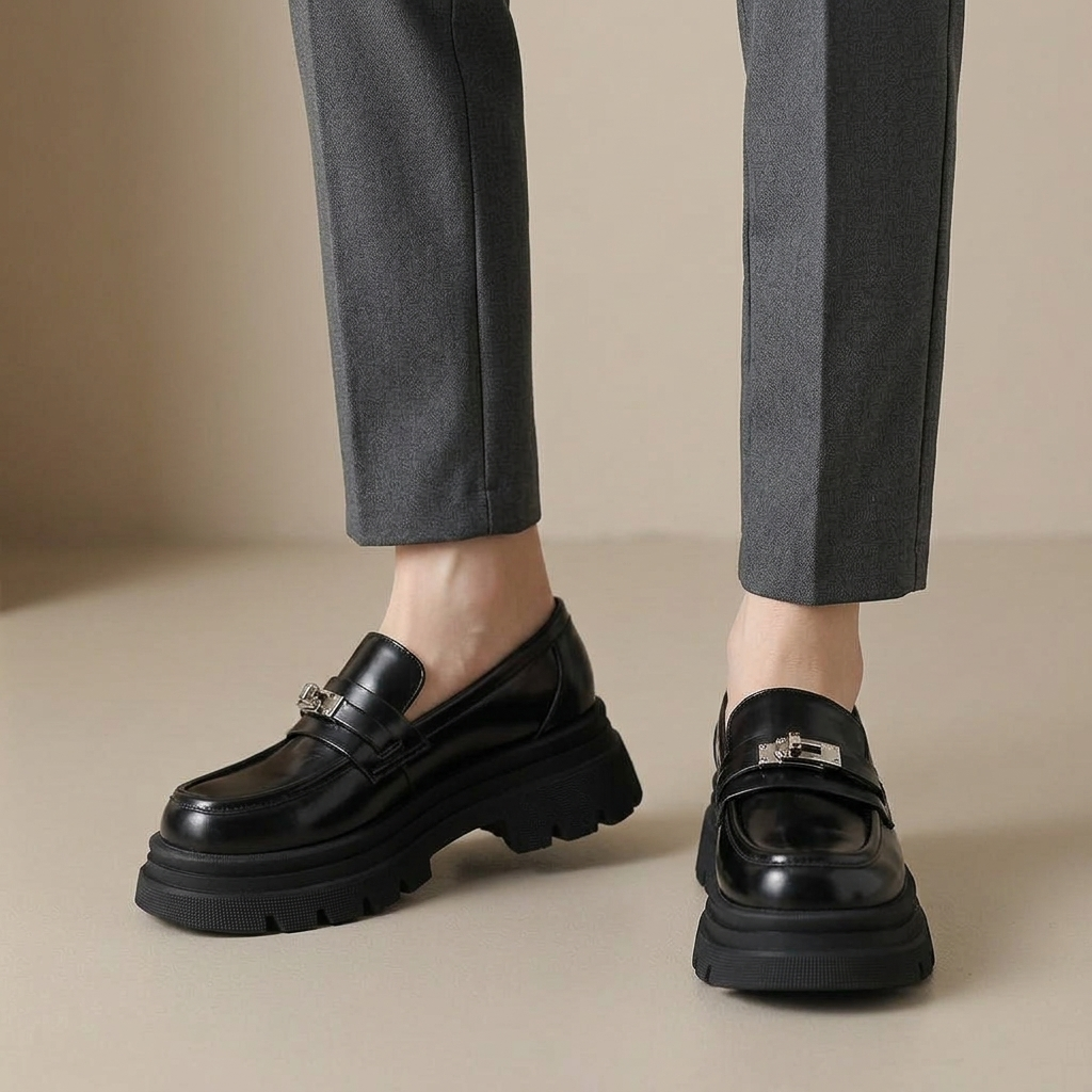 Mocassin Noir Cuir Verni à Semelle Épaisse et Fermoir porté, pantalon anthracite